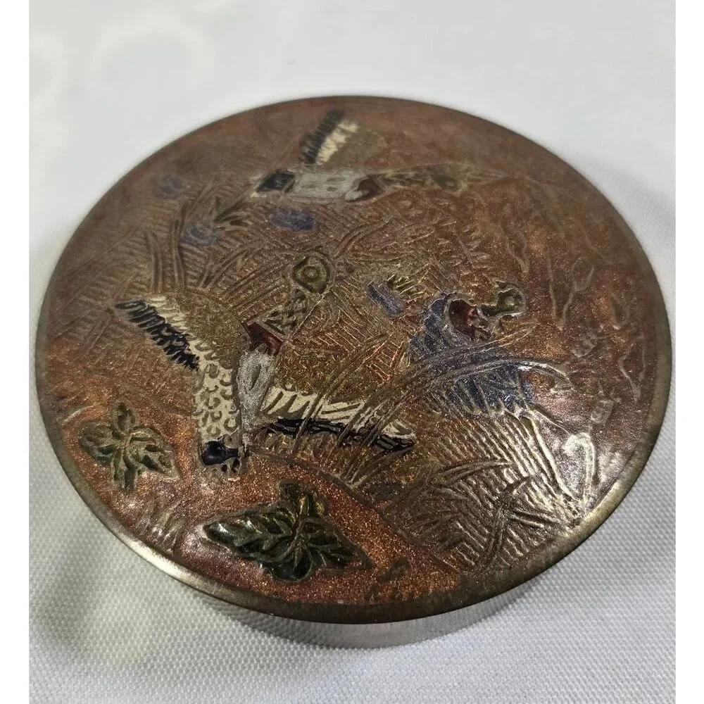 Intricate Floral Vintage Enameled Brass Trinket Box